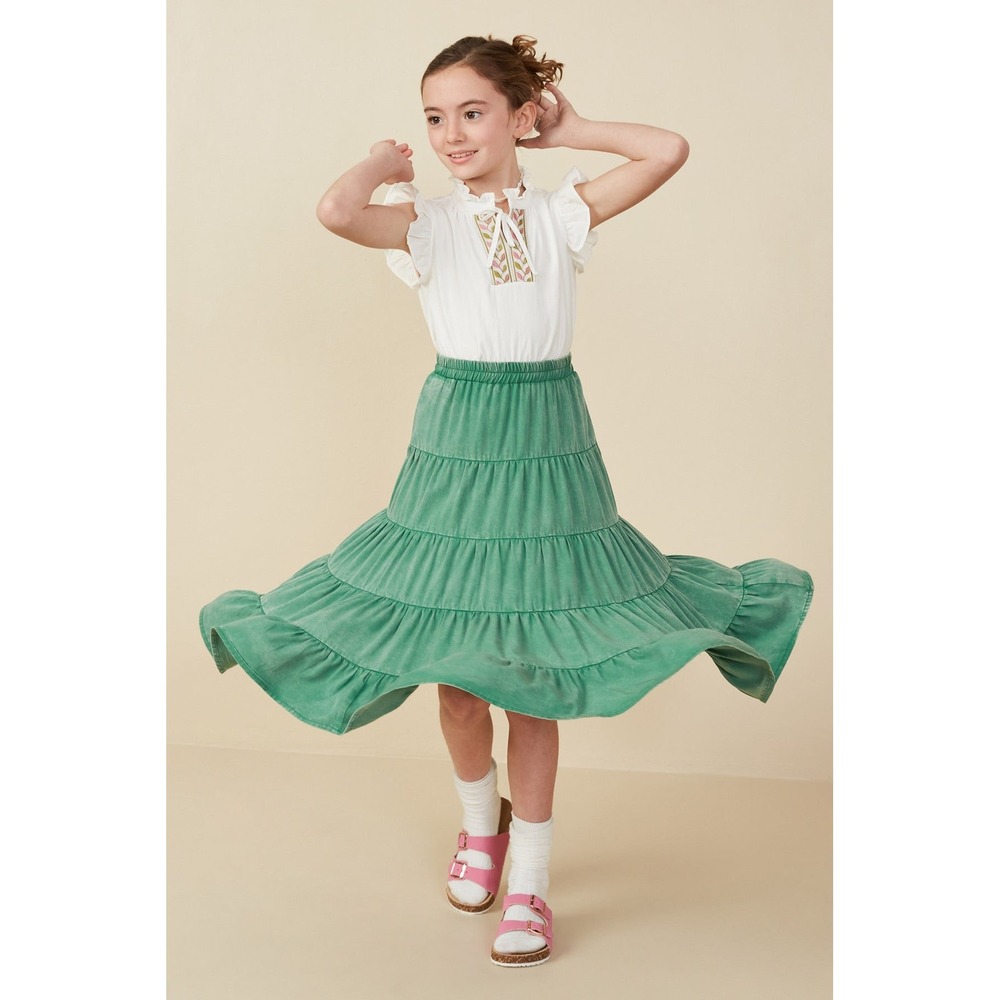 Hayden Girls Two Tone‎ Washed Tiered Skirt in Green Mineral Wash, Kids Size S